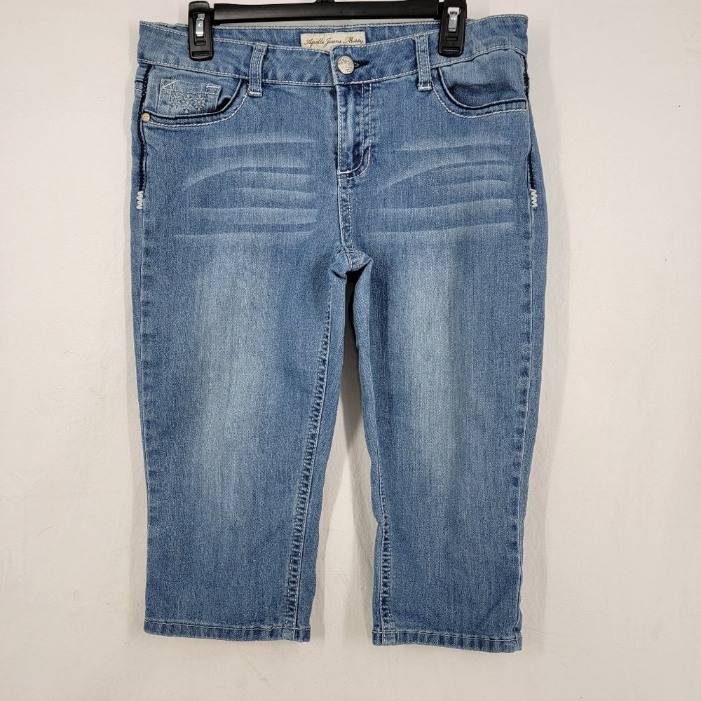 Apollo Jeans Missy Cropped Jeans Light Whisker Wash Blue Embroidered Women's 10